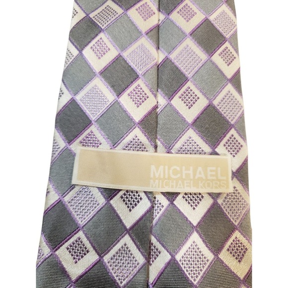 Michael Kors Mens Tie Necktie Designer Luxury Gray Purple White Geometric - Picture 5 of 12